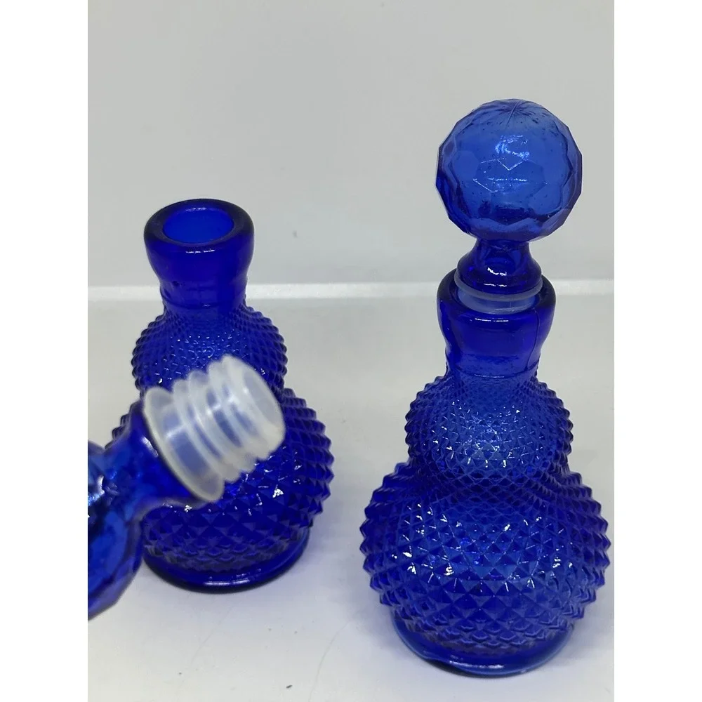 VTG Made In Taiwan Cobalt Blue Glass Decanter Bottles Diamond Point Set of 2